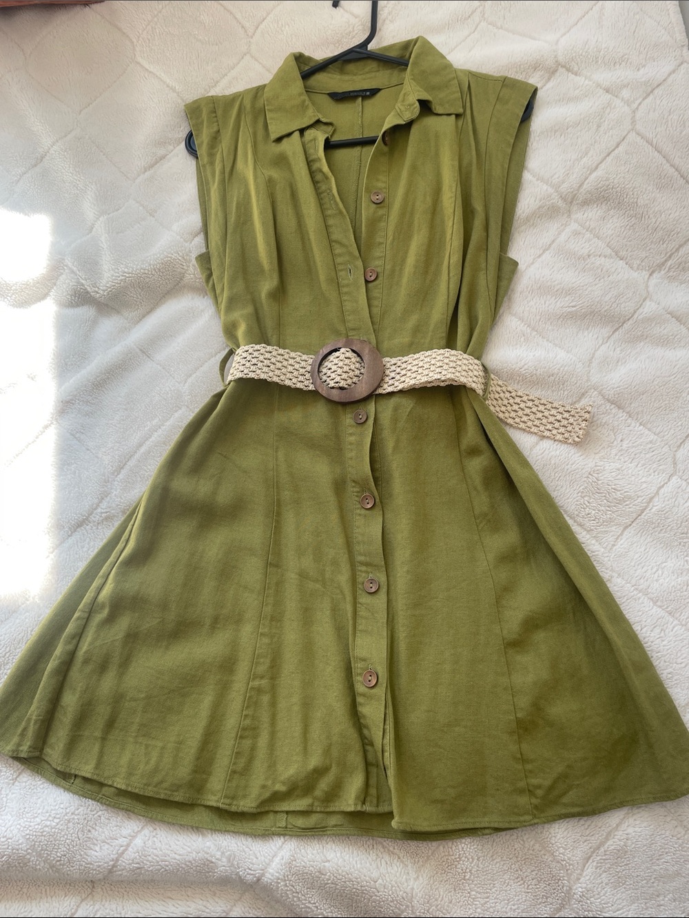Zara Olive Green Sleeveless Button-Front Shirt Dress with Woven Belt